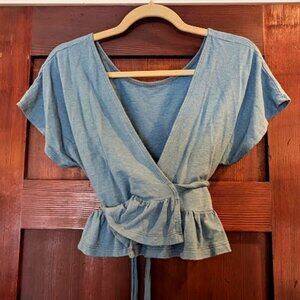 Small Indigo Bohemian Folk Monsoon Wrap Top In Jersey Hemp Cotton Blend